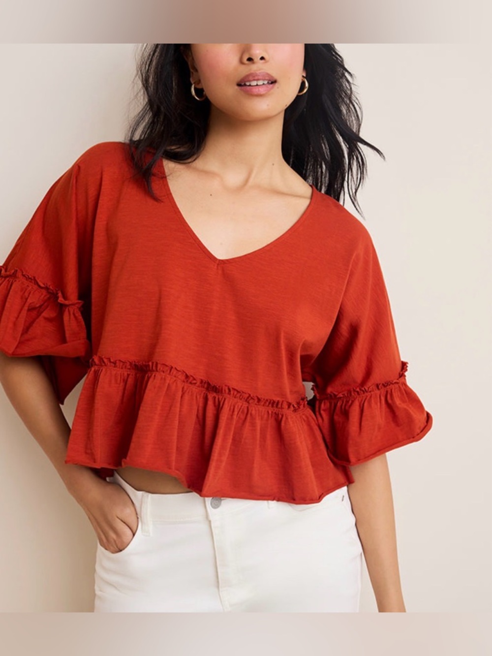 Francesca’s Medium Women Orange Rust Elaine Ruffled Dolman Tee NWT